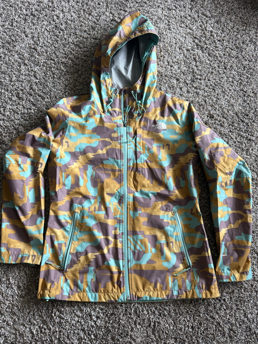 The North Face Hooded Rain coat -Teal & Mustard & Brown-Womens Medium-like new